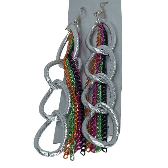 Silver Tone Earrings Chain Drop Style Fashion Trendy Stunning Statement Chic - Picture 5 of 8